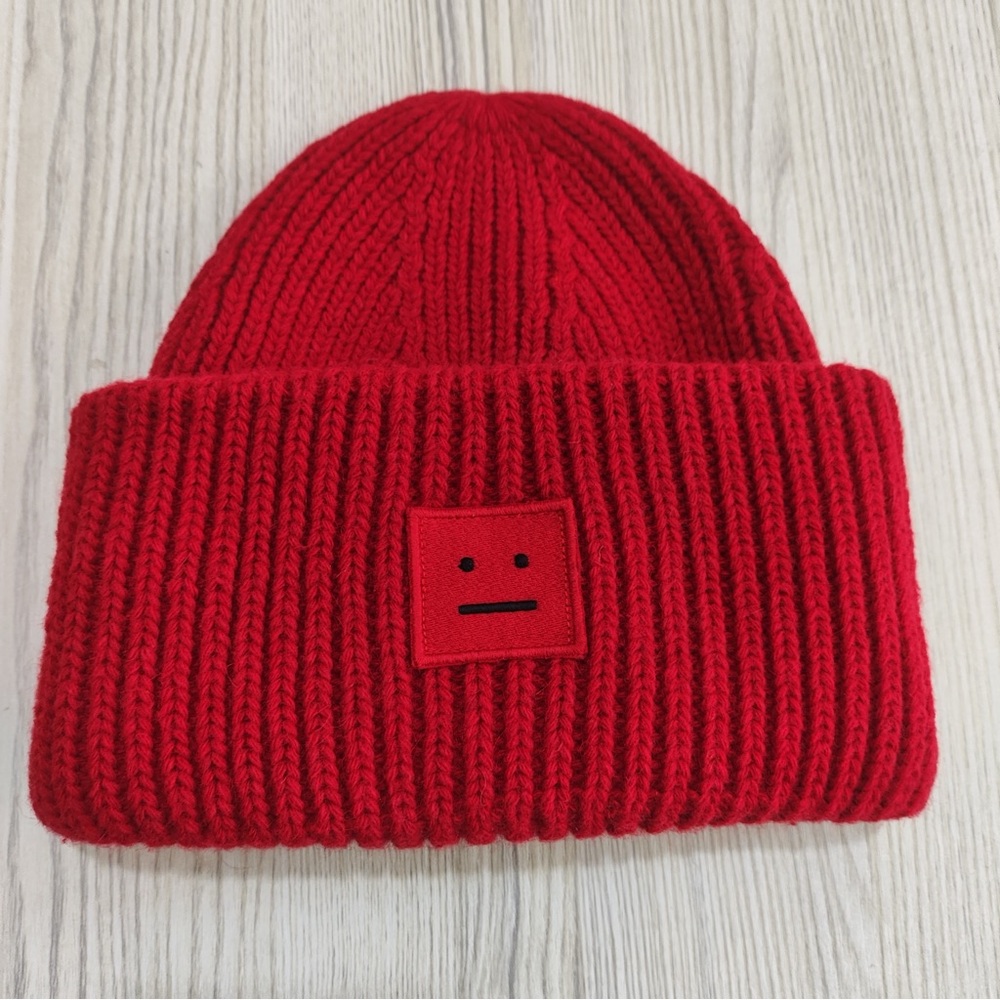 Acne Studios Face Series Red Ribbed Knit Beanie